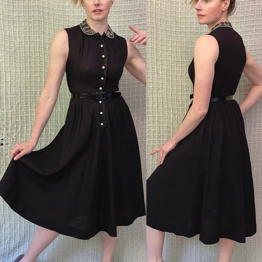 Vintage 50s Black Rhinestone Button Beaded Collar New Look Shirt Dress Carlye S